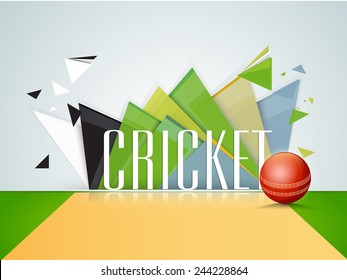 Shiny red ball in stadium with text Cricket on abstract background.