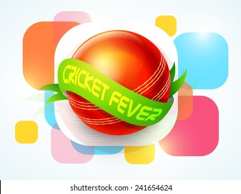 Shiny red ball surrounded by green Cricket Fever ribbon on colorful abstract background.