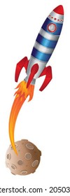 Shiny red and blue rocket blasting off from planet vector isolated