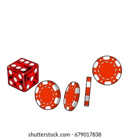 Shiny red dice and gambling chips, casino attributes, sketch style vector illustration isolated on white background. Gambling chips and playing dice on white background