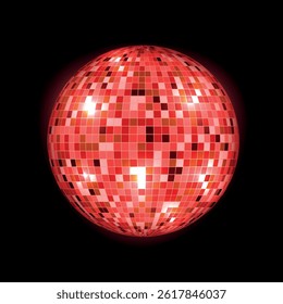 Shiny red disco ball reflects light in dynamic patterns against a black background in a vector format