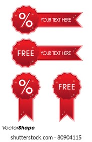 Shiny red discount and free badge with place for text, vector illustration