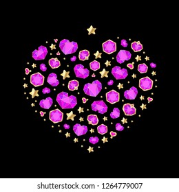 shiny red gem stones in shape of heart, vector decorative background and design elements. Every heart is a separate group, easy to move, edit or delete, you can easily build your own composition