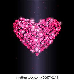 shiny red gem stones in shape of heart, vector decorative background and design elements. Every heart is a separate group, easy to move, edit or delete, you can easily build your own composition.