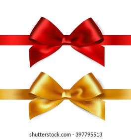 Shiny Red And Gold Satin Ribbon On White Background. Vector Red And Gold Bow. Christmas Gift, Valentines Day, Birthday  Wrapping Element