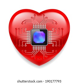 Shiny red heart with microchip. Technology concept