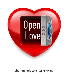 Shiny red heart with open safe door and Open  Love message inside