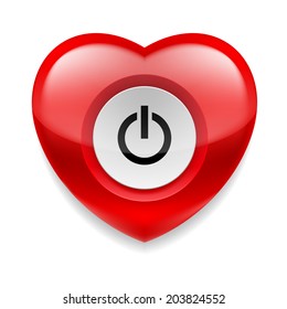 Shiny red heart with power button on white background. Love or health concept
