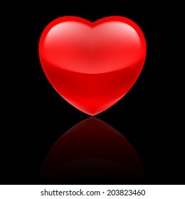 Shiny red heart with reflection on black background