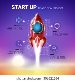 Shiny red metal rocket. Infographic template. Vector design element. Rocket launch. Project start up concept