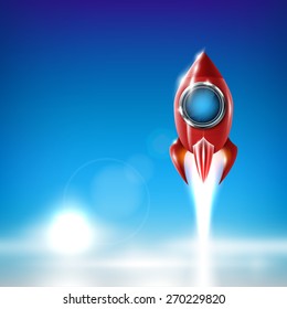 Shiny red metal rocket. Vector design element. Rocket launch. Project start concept