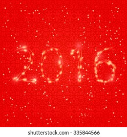 Shiny Red Neon 2016 Letters. Light New Year Card Background Vector.