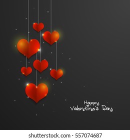 Shiny Red paper Hearts decorated greeting card for Happy Valentine's Day Celebration.