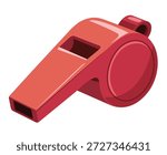 A shiny red plastic whistle on a plain white background for use in sports