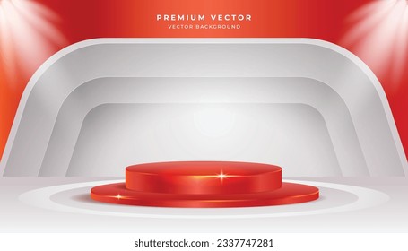 Shiny red podium in red white background. Abstract vector geometric objects. Clean minimalist product display presentation