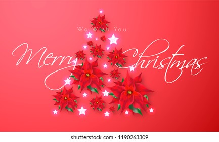 Afiche rojo brillante o diseño de plantillas con letras elegantes Feliz Navidad y árbol de Navidad hecho por flores y estrellas para el concepto de celebración del festival.