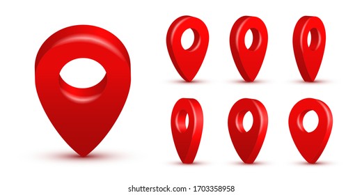 Shiny red realistic map pins set. Vector 3d pointers isolated on white background. Location symbols in various angles.