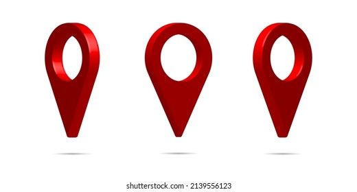 Shiny red realistic map pointers vector set in various angles. Web location point, pointer 3d arrow mark vector illustration