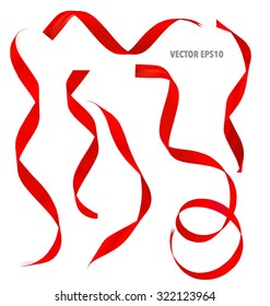 Shiny red ribbon on white background with copy space. Vector illustration.