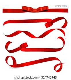 Shiny red ribbon on white background with copy space. Vector illustration.