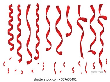 Shiny red ribbon on white background with copy space. Vector illustration.