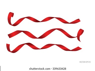 Shiny red ribbon on white background with copy space. Vector illustration.