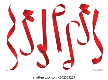 Shiny red ribbon on white background with copy space. Vector illustration.