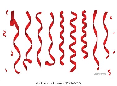 Shiny red ribbon on white background with copy space. Vector illustration.