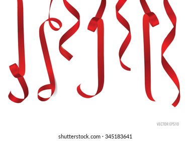 Shiny red ribbon on white background with copy space. Vector illustration.