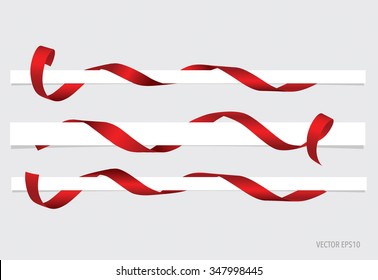 Shiny red ribbon on white background with copy space. Vector illustration.