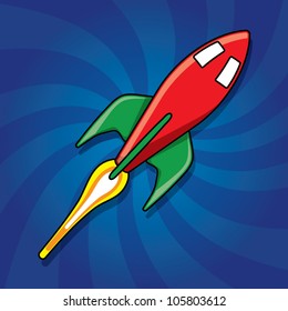 Shiny red rocket with fire flame on dynamic blue background, vector illustration
