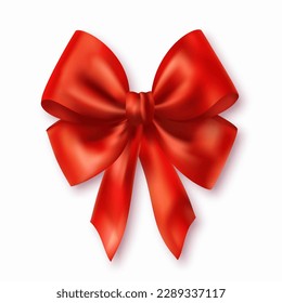 Shiny red satin bow on a white background. Vector red bow.