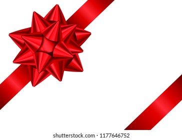 Shiny red satin gift ribbon and bow for corner of page decor. Holiday decoration isolated on white background. Vector design  element  for banner, greeting card, poster.

