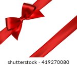 Shiny red satin ribbon on white background. Vector red bow. Red bow and red ribbon. Christmas gift, valentines day, birthday  wrapping element