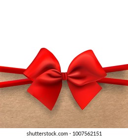 Shiny red satin ribbon on white and brown kraft background.  Red bow and red ribbon. Element for card,banner,brochures or booklet. Vector illustration.
