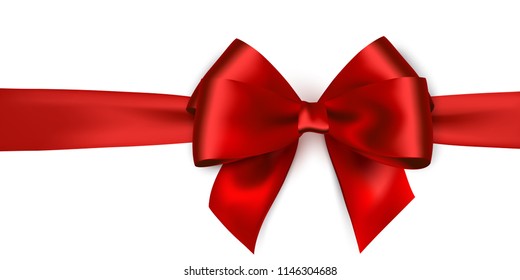 Shiny red satin ribbon on white background. Vector red bow. Red bow and red ribbon. Christmas gift, valentines day, birthday  wrapping element