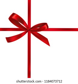 Shiny red satin ribbon on white background. Vector red bow and ribbon.