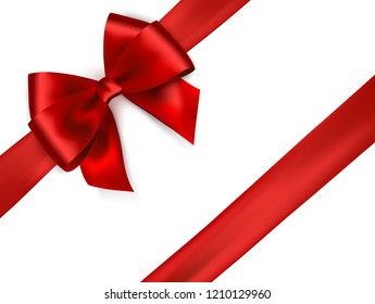 Shiny red satin ribbon on white background. Vector red bow and ribbon. Christmas gift, valentines day, birthday  wrapping element