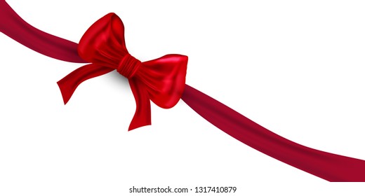 Shiny red satin ribbon on white background. Vector red bow and ribbon. - Vector