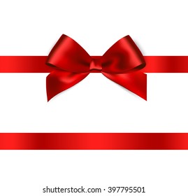 Shiny red satin ribbon on white background. Vector red bow. Isolated red bow and ribbon. Holiday red bow and ribbon. Christmas gift, valentines day, birthday  wrapping element