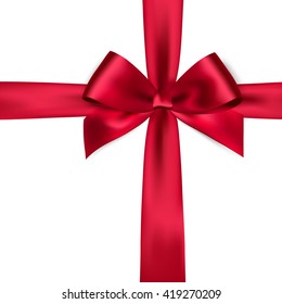 Shiny red satin ribbon on white background. Vector red bow. Red bow and red ribbon.