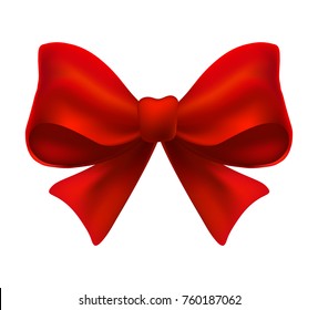 Shiny red satin ribbon on white background. Vector red bow.  