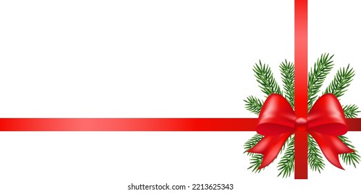 Shiny red satin ribbon with pine on white background. Merry Christmas and Happy New Year Card. Vector illustration