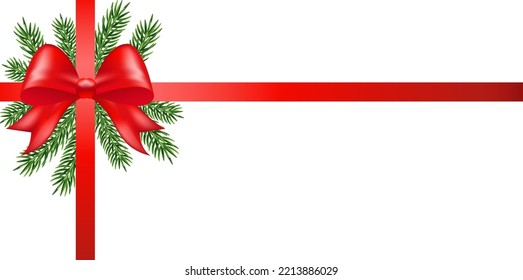 Shiny red satin ribbon with pine on white background. Merry Christmas and Happy New Year Card. Vector illustration