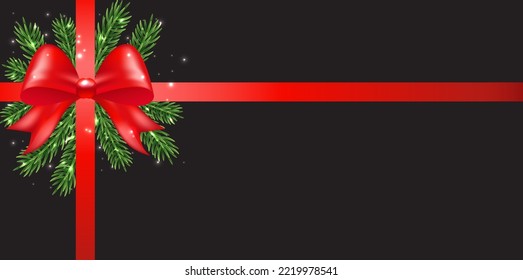 Shiny red satin ribbon with pine on black background. Merry Christmas and Happy New Year Card. Vector illustration