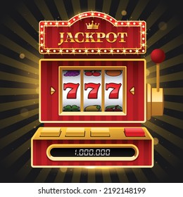 Shiny red slot machine on dark background with Jackpot sign on dark background. Win 777 jackpot. Lucky seven, big win, casino vegas game. Jackpot triple seven. Vector illustration.