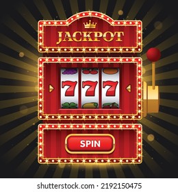 Shiny red slot machine on dark background with Jackpot sign and spin button. Win 777 jackpot. Lucky seven, big win, casino vegas game. Jackpot triple seven. Vector illustration.