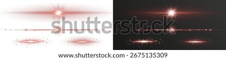 Shiny red streak of light with abstract glowing sparkles. Vector laser stripe isolated on transparent background for elegant, modern digital visuals.
