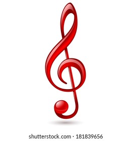 Shiny red treble clef on white background