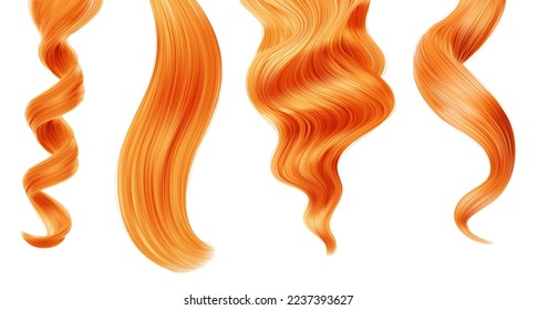 Shiny red woman hair. Strand, straight, ponytail hairstyle. Haircut and hair care, beauty. Isolated vector samples, 3d design elements for hairdresser salons, cosmetics, shampoo or conditioner package